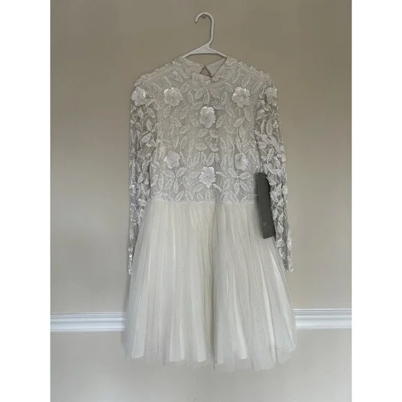 ASOS BRIDAL Arabella embellished bodice mini wedding dress mesh skirt sz 8 Luxy - Picture 2 of 13